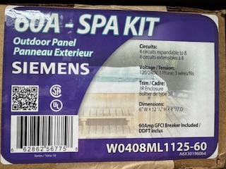 Siemens  60 Amp Spa Pack-W0408ML1125-GFCI Breaker-Panel and Ground Bar-CSA